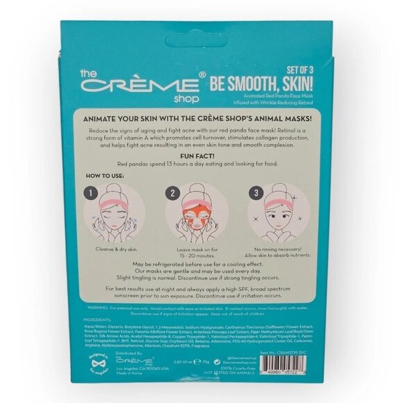 The Crème Shop Be Smooth, Skin! Red Panda Face Mask (Set of 3) – NIB - Picture 2 of 2